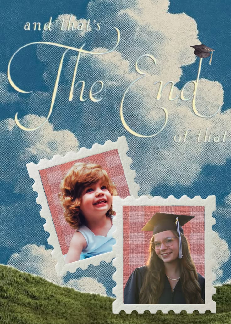 Graduation invitation design with a childhood photo and a graduation photo